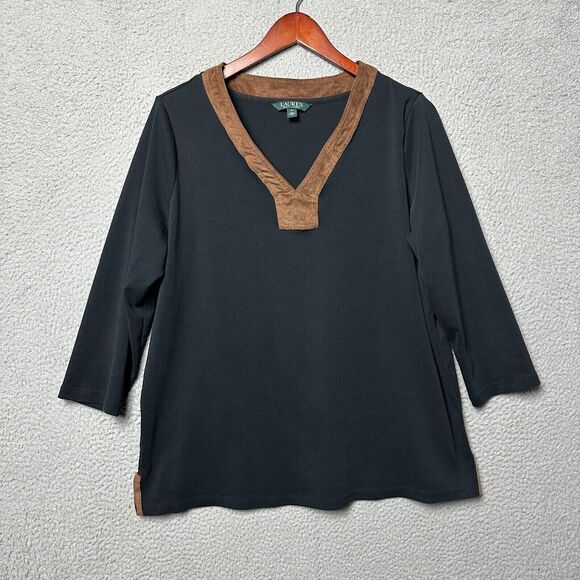 Lauren Ralph Lauren Top 2X Plus Western V Neck Suede Trim Black 3/4 Sleeve - Picture 1 of 9